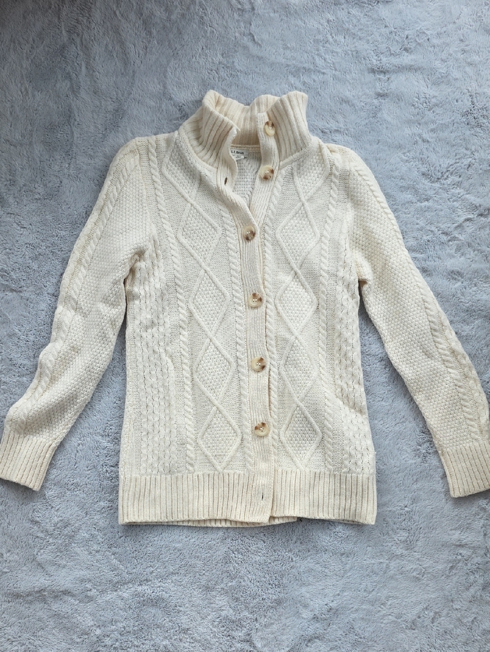 L.L. Bean Merino Wool Cable Knit Button Front Sweater Cardigan Cream Medium